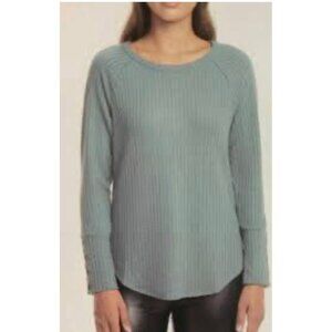 CHASER Sage Green Waffle-Knit Button-Accent Sleeve Women's Thermal Shirt Large